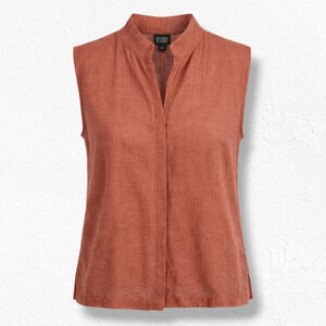 Eileen Fisher Rust Copper Linen Silk Sleeveless Blouse Mandarin Collar Medium